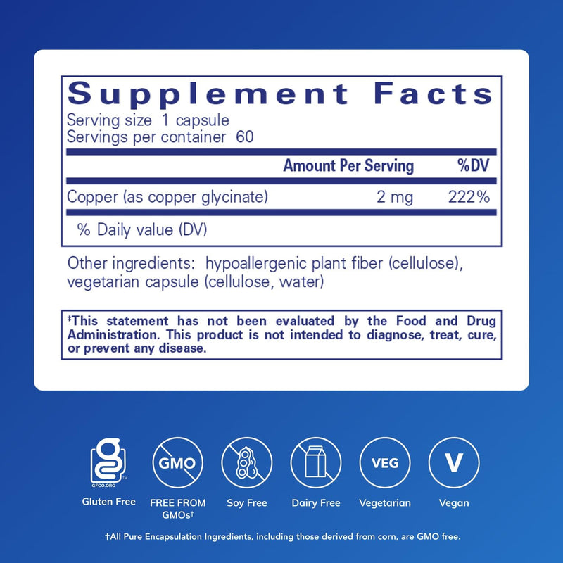 Pure Encapsulations Copper Glycinate 60's - 2 mg Copper Supplement, Supports Red Blood Cell Formation* - Aids Energy Metabolism - Non-GMO & Vegan - 60 Capsules