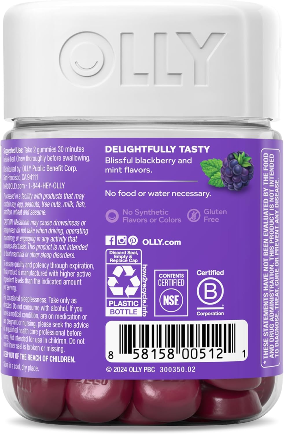 OLLY Sleep Gummy, 3mg Melatonin, L-Theanine, Chamomile, Lemon Balm, Sleep Aid, BlackBerry, 90 Count