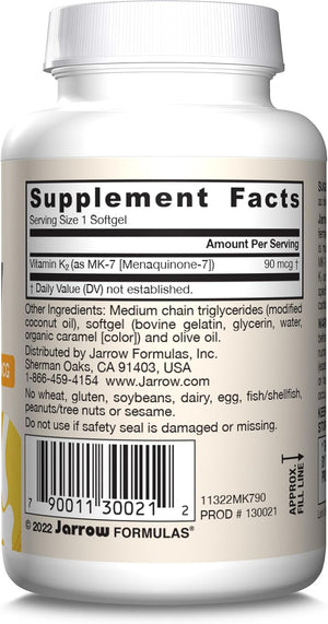 Jarrow Formulas MK-7 90 mcg - Bioactive Form of Vitamin K2-90 Servings (Softgels) - for Bone & Cardiovascular Health - Vitamin K2 MK-7 Dietary Supplement - Gluten Free