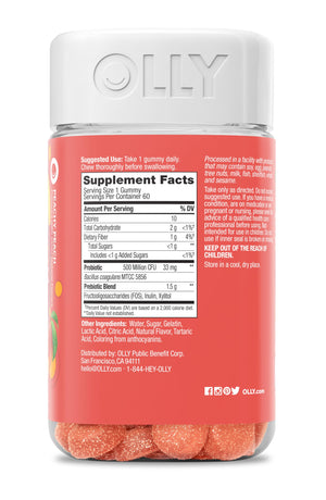 OLLY Probiotic + Prebiotic Gummy, Digestive Support and Gut Health, 500 Million CFUs, Fiber, Adult Chewable Supplement for Men and Women, Peach, 60 Day Supply - 60 Count