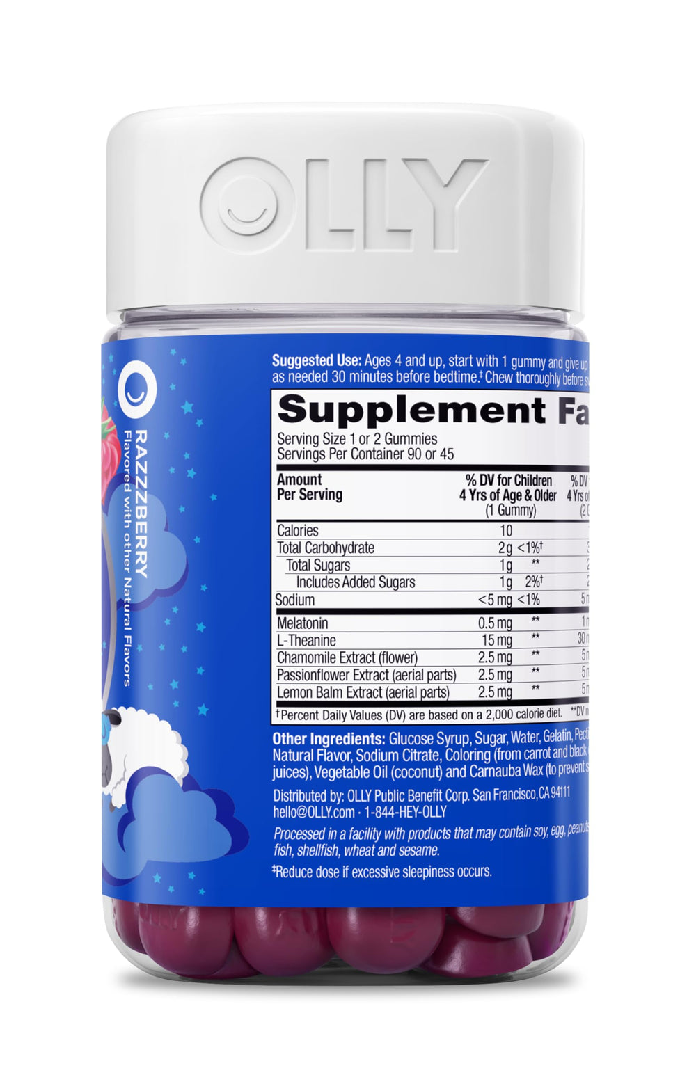 OLLY Kids Sleep Gummy, Occasional Sleep Support, 0.5mg Melatonin, L Theanine, Chamomile, and Lemon Balm Extracts, Childrens Chewable Supplement, Raspberry Flavor - 90 Count