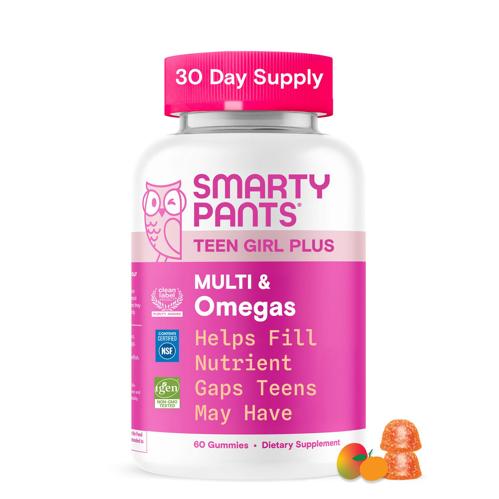 SmartyPants Teen Girl Multivitamin Gummies - Improved Formula: Omega 3 (DHA/EPA), Vitamin C, D3, B12, Vitamin A, K & Zinc, Biotin to Support Hair, Skin & Nails, Gluten Free, 60 Count (30 Day Supply)