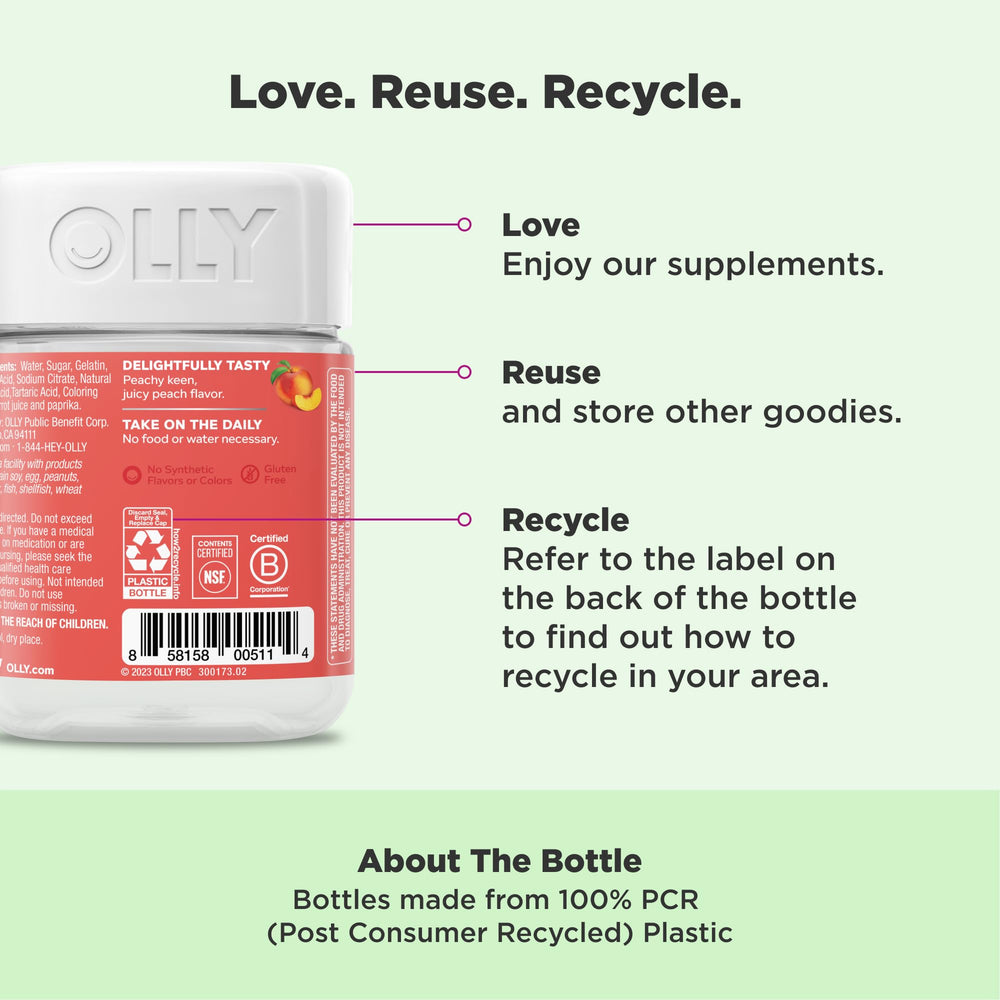 OLLY Probiotic + Prebiotic Gummy, Digestive Support and Gut Health, 500 Million CFUs, Fiber, Adult Chewable Supplement for Men and Women, Peach, 60 Day Supply - 60 Count