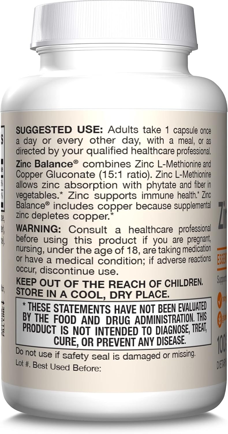 Jarrow Formulas Zinc Balance 15 mg - 100 Servings (Veggie Caps) - Zinc with Copper - Essential Minerals for Immune System Support - Immune Support Supplement - Gluten Free Copper Supplement, Vegan