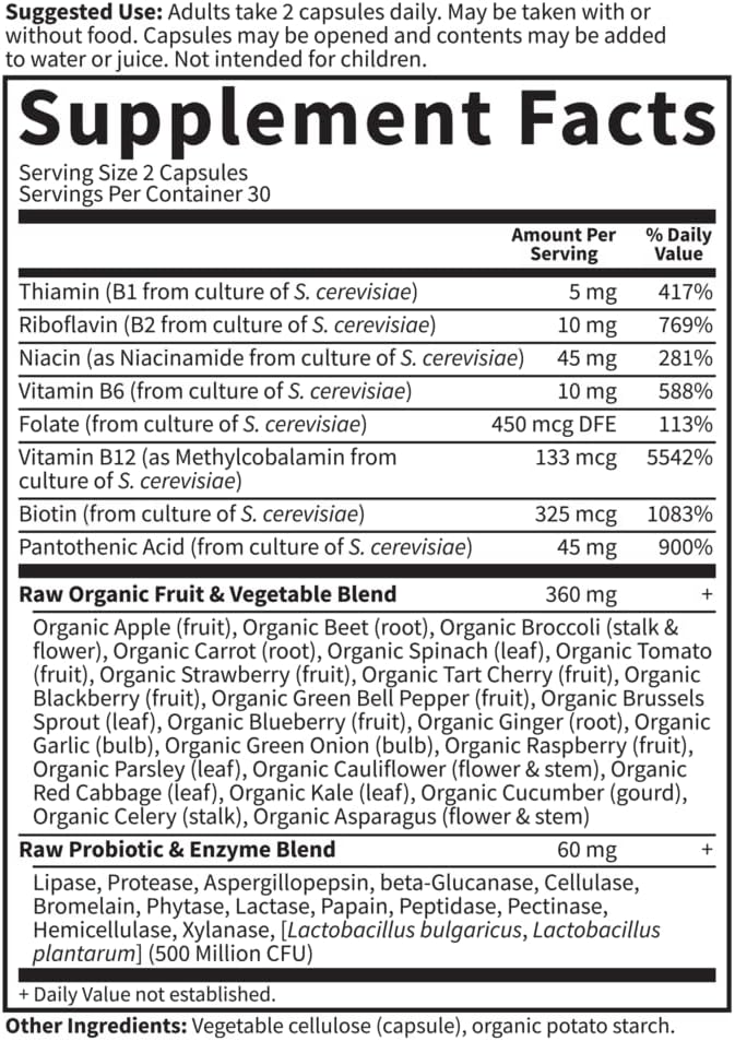 Garden of Life Vitamin B Complex, 60 Vegan Capsules, High Potency Vitamins for Energy & Metabolism with B6, Folate & B12 as Methylcobalamin Plus Probiotics