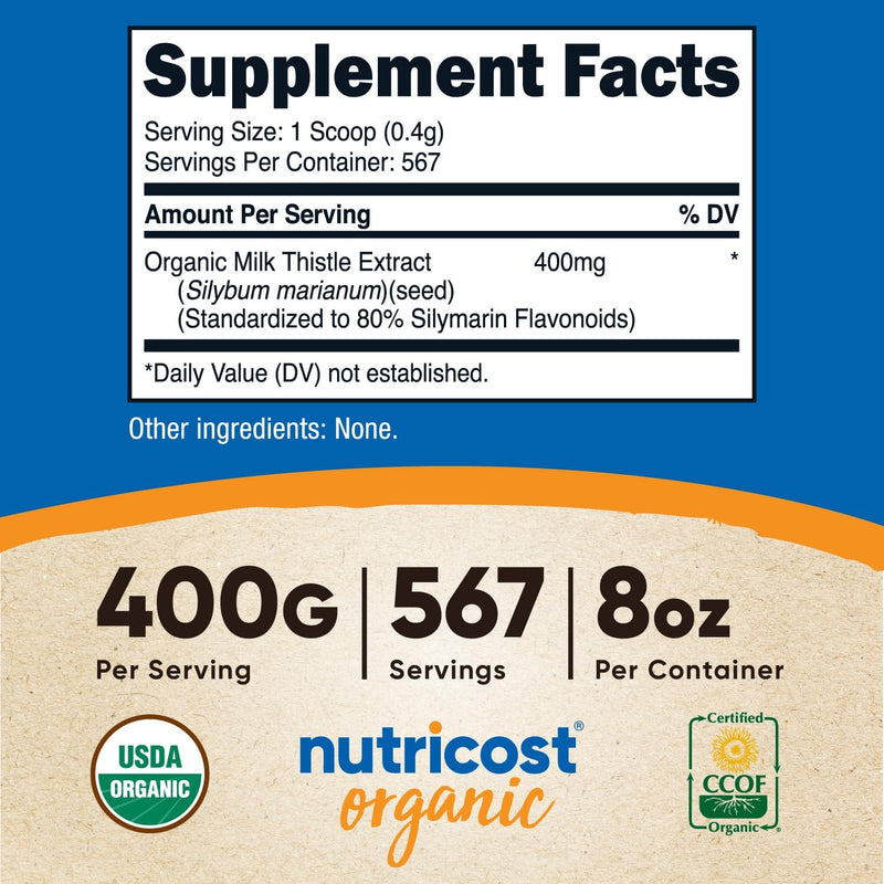Nutricost Organic Milk Thistle (Silybum Marianum) 8 OZ - 400mg Per Serving, Unflavored - Non-GMO, Gluten Free, USDA Organic