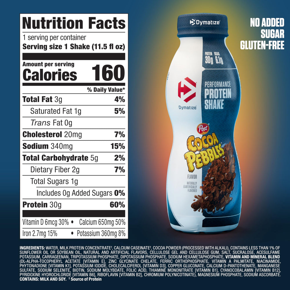 Dymatize Protein Shake, Cocoa Pebbles, 30g Protein, Meal Replacement or Pre-Workout Drink, On-the-Go Breakfast, 6.1g BCAAs, No Added Sugar, Gluten Free, Ready to Drink, 11.5 fl oz