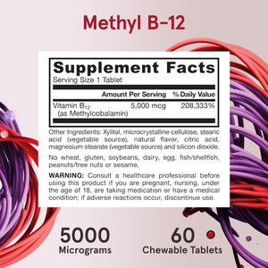 Jarrow Formulas Methyl Vitamin B12 5000 mcg - 60 Chewable Tablets, Naturally Fruit Flavored- Bioactive B12 Vitamin - Supports Cellular Energy Production, Brain Health & Metabolism - 60 Servings