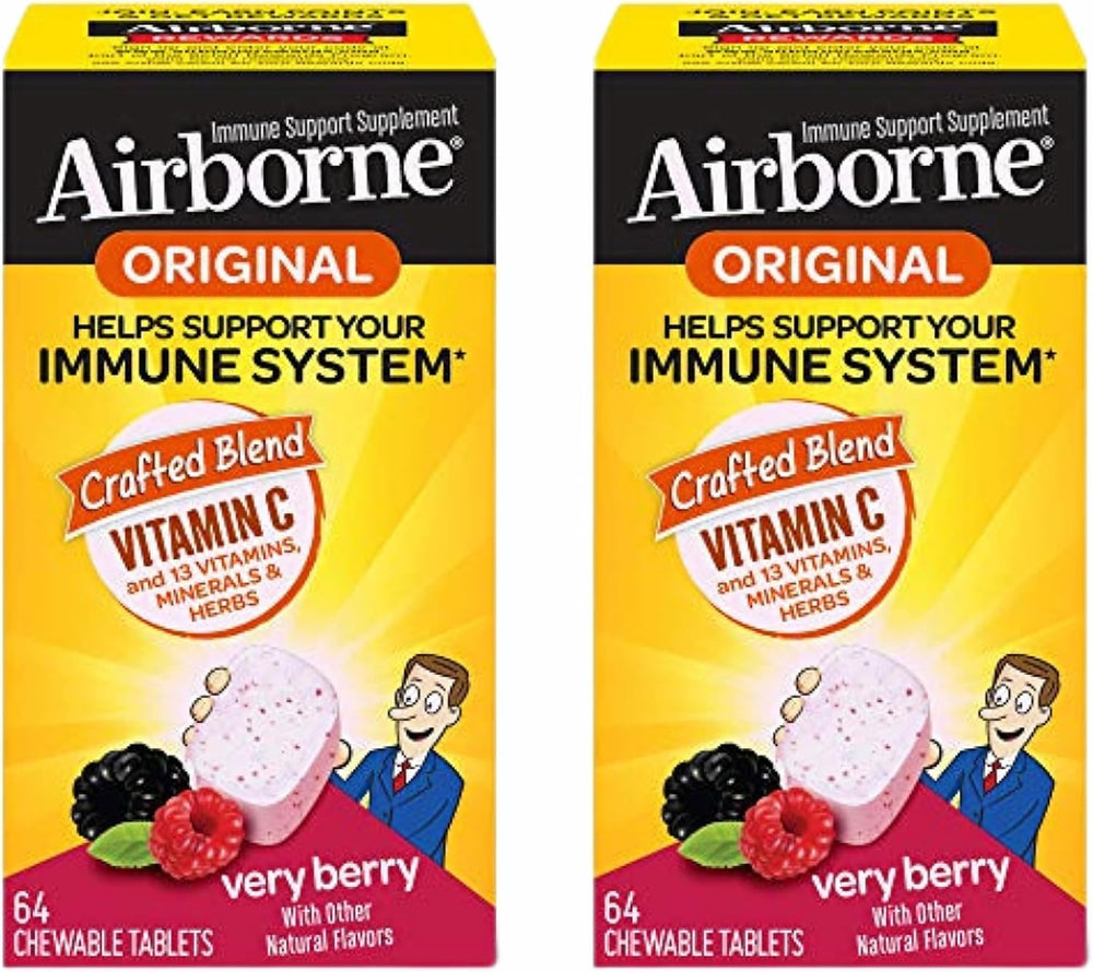 Airborne Very Berry Chewable Tablets, 64 count - 1000mg of Vitamin C - Immune Support Supplement (Packaging May Vary) ( Pack of 2)