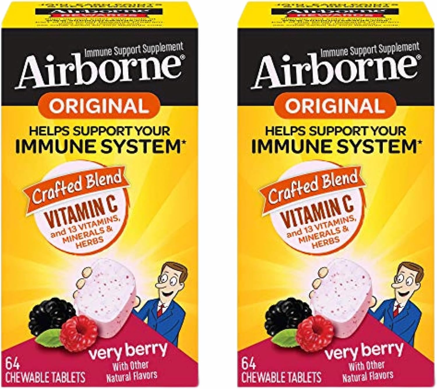 Airborne Very Berry Chewable Tablets, 64 count - 1000mg of Vitamin C - Immune Support Supplement (Packaging May Vary) ( Pack of 2)