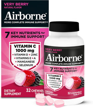 Airborne 1000mg Vitamin C Chewable Tablets With Zinc, Immune Support Supplement With Powerful Antioxidants Vitamins A C & E - 32 Chewable Tablets, Very Berry Flavor