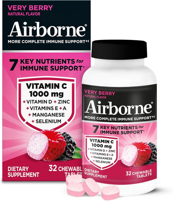 Airborne 1000mg Vitamin C Chewable Tablets With Zinc, Immune Support Supplement With Powerful Antioxidants Vitamins A C & E - 32 Chewable Tablets, Very Berry Flavor