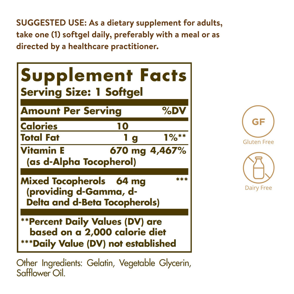 Solgar Vitamin E 670 mg (1000 IU), 180 Softgels - Natural Antioxidant, Skin & Immune System Support - Naturally-Sourced Vitamin E - Gluten Free, Dairy Free - 180 Servings