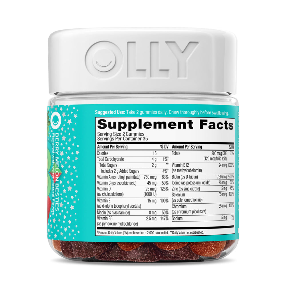 Olly Teen Girl Multi Gummy, Healthy Skin and Immune Support, 15 Essential Vitamins, Biotin, Zinc, Calcium, Chewable Multivitamin, Berry Melon, 35 Day Supply, 70 Count