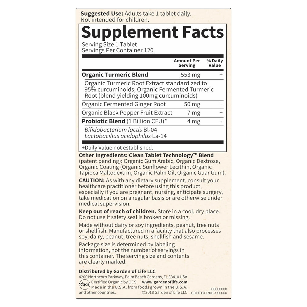 Garden of Life Organics Extra Strength Turmeric Inflammatory Response 60 Tablets-100mg Curcumin (95% Curcuminoids) Black Pepper, Probiotics, Organic Non-GMO Vegan Gluten Free Herbal Supplement