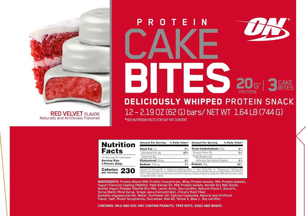 Optimum Nutrition Protein Cake Bites, Whipped Low Sugar Protein Bar, Flavor: Red Velvet, 12 Count