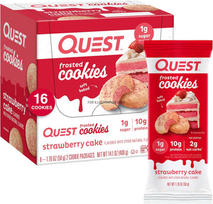 Quest Nutrition Frosted Strawberry Cake Cookies & Spicy Cheddar Cheese Crackers Bundle, 16 Cookies & 12 Bags