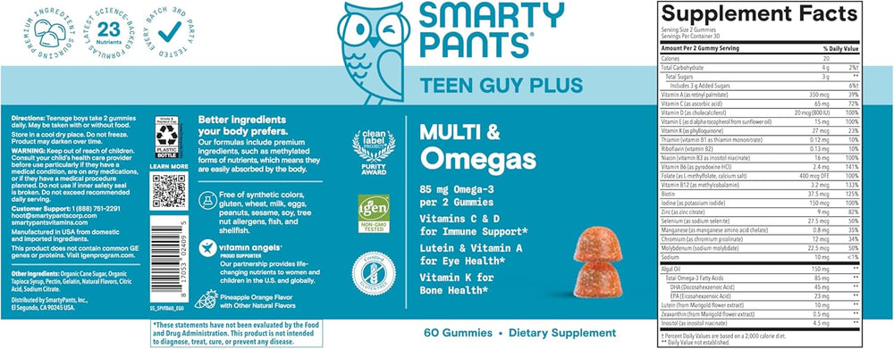 SmartyPants Teen Guy Formula, Daily Multivitamin Gummies: Vitamins C, B12, K, Zinc, & Biotin for Immune Support, Energy, Skin & Hair Support, Assorted Fruit Flavor, 120 Gummies (30 Day Supply)