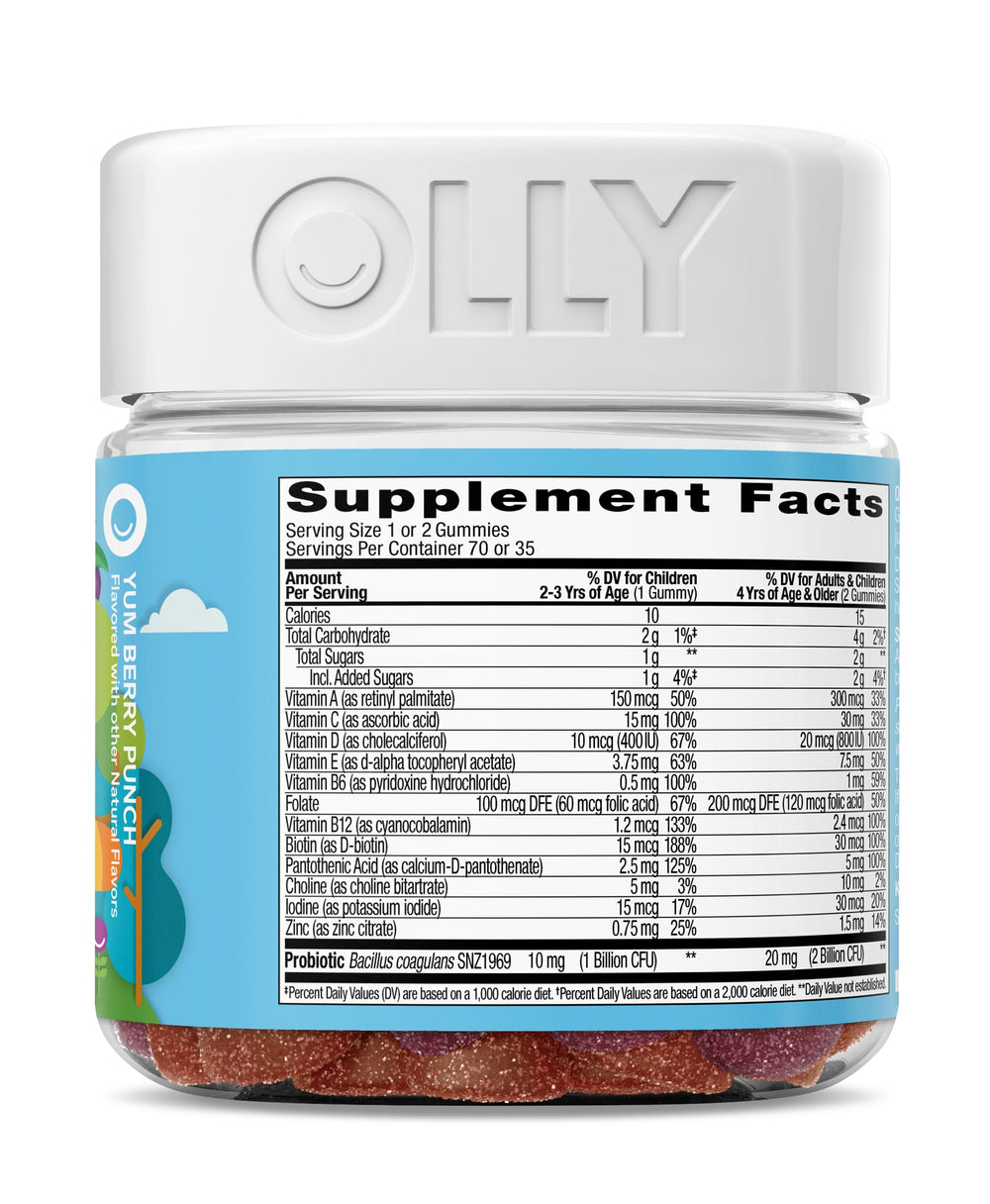 OLLY Kids Multivitamin & Probiotic Gummy, Digestive Support, Vitamins A, D, C, E, B, Zinc, Chewable Supplement, Berry Flavor, 35 Day Supply - 70 Count