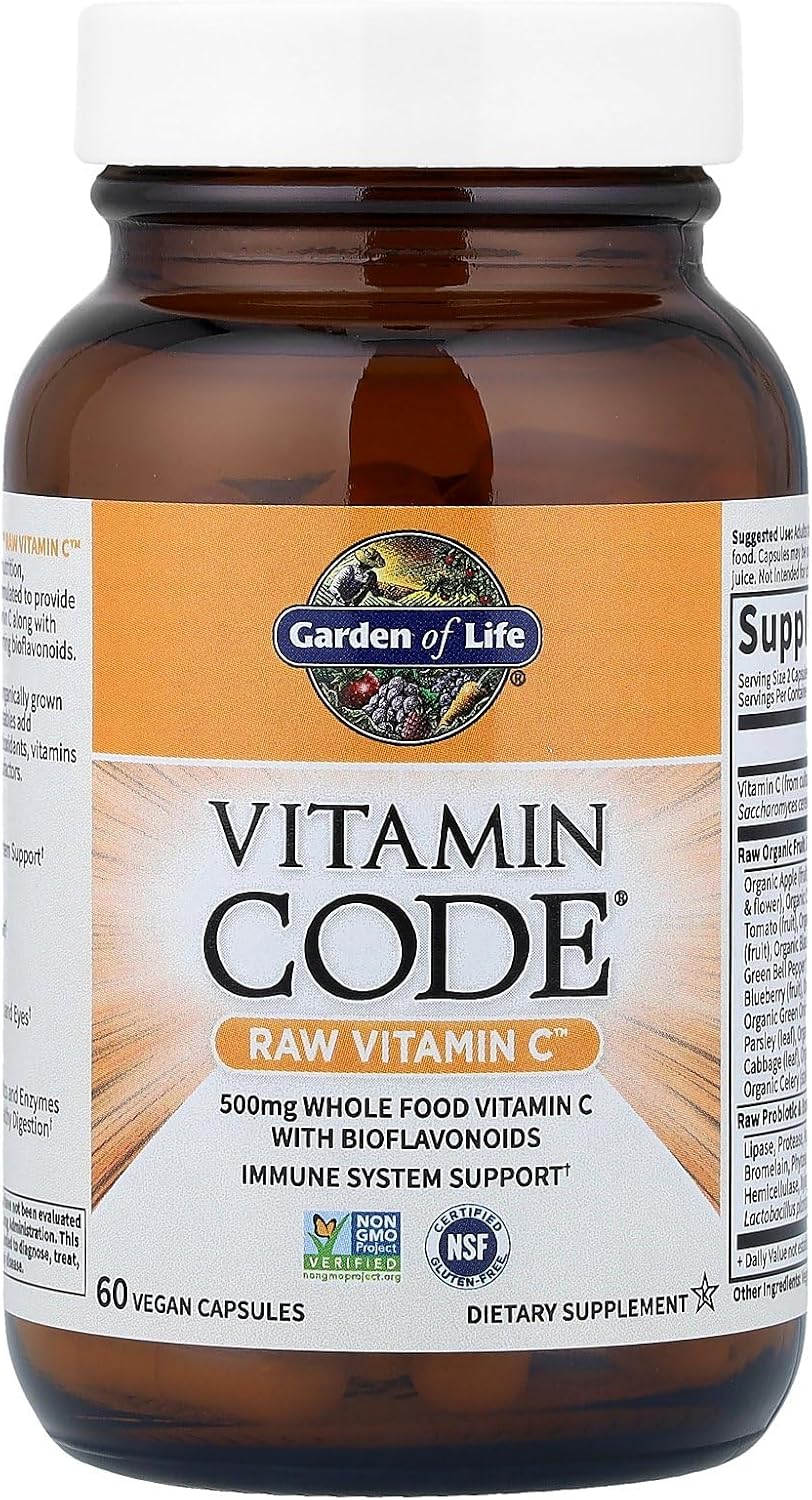 Garden of Life Vitamin Code Raw Vitamin C - 60 Capsules, 500mg Whole Food Vitamin C Capsules + Fruit & Veggie Blend & Probiotics, Supplements for Adults, Vegan, Gluten Free