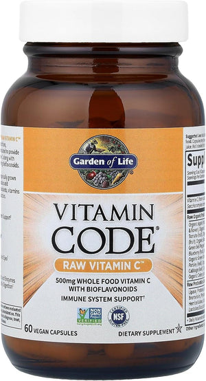Garden of Life Vitamin Code Raw Vitamin C - 60 Capsules, 500mg Whole Food Vitamin C Capsules + Fruit & Veggie Blend & Probiotics, Supplements for Adults, Vegan, Gluten Free