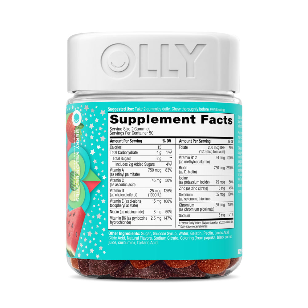 OLLY Teen Girl Multi Gummy, Healthy Skin and Immune Support*, Essential Vitamins, Biotin, Zinc, Chewable Multivitamin, Strawberry Melon Flavored, 50 Day Supply - 100 Count