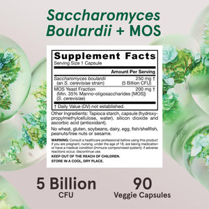 Jarrow Formulas Saccharomyces Boulardii + MOS Probiotics for Digestive Health and Intestinal Tract Support - 5 Billion CFU Per Serving - 90 Delayed Release Caps - Probiotic + Prebiotic - 90 Servings