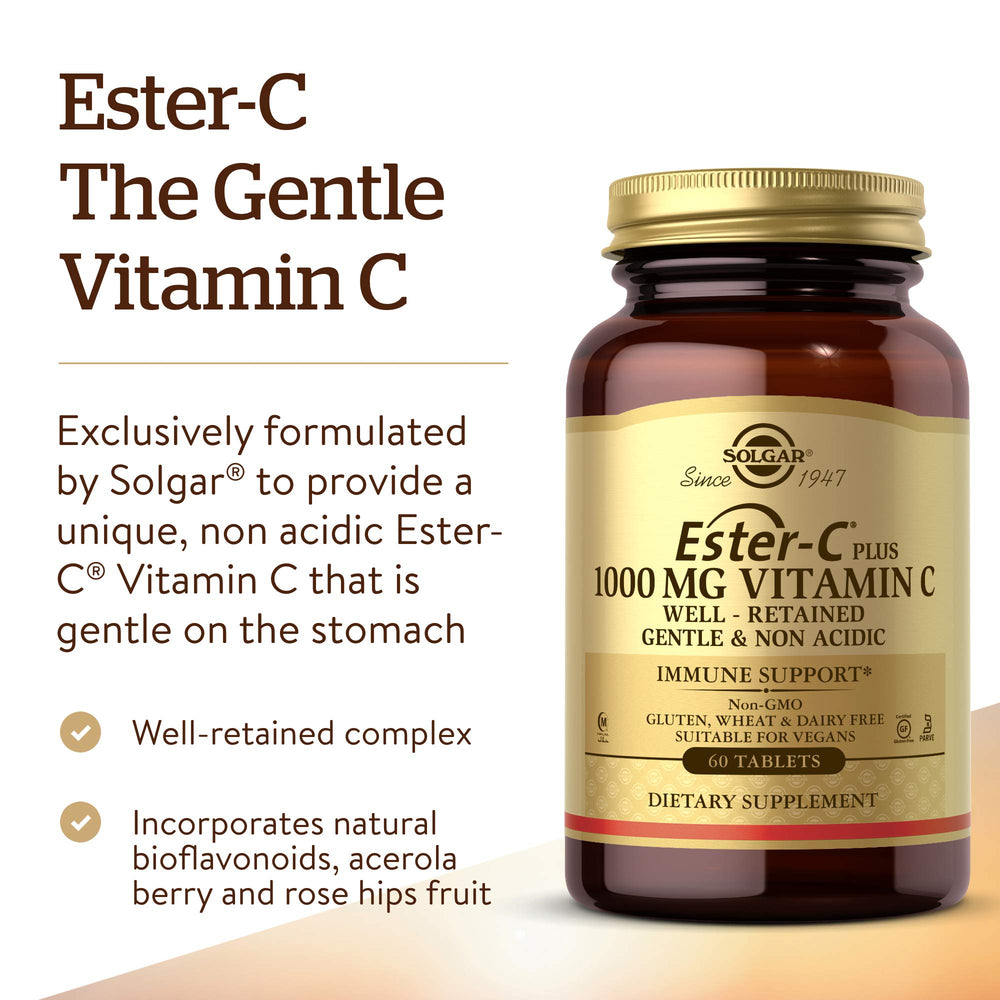 Solgar Ester-C Plus 1000 mg Vitamin C (Ascorbate Complex), 60 Tablets - Gentle On The Stomach & Non Acidic - Antioxidant & Immune System Support - Non GMO, Vegan, Gluten-Free, Kosher - 60 Servings