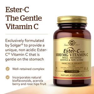 Solgar Ester-C Plus 1000 mg Vitamin C (Ascorbate Complex), 60 Tablets - Gentle On The Stomach & Non Acidic - Antioxidant & Immune System Support - Non GMO, Vegan, Gluten-Free, Kosher - 60 Servings