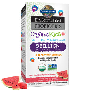 Garden of Life Dr. Formulated Probiotics Organic Kids+ plus Vitamin C & D - Berry Cherry - Gluten, Dairy & Soy Free Immune & Digestive Health Supplement, No Added Sugar, 30 Chewables (Shelf Stable)