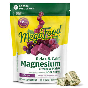 MegaFood Relax + Calm Magnesium Supplement - Soft Chews with Magnesium Citrate & Malate for Heart Health, Muscle Tension & More - Vegetarian - Grape-Flavor - 30 Chews (15 Servings) (Pack of 2)