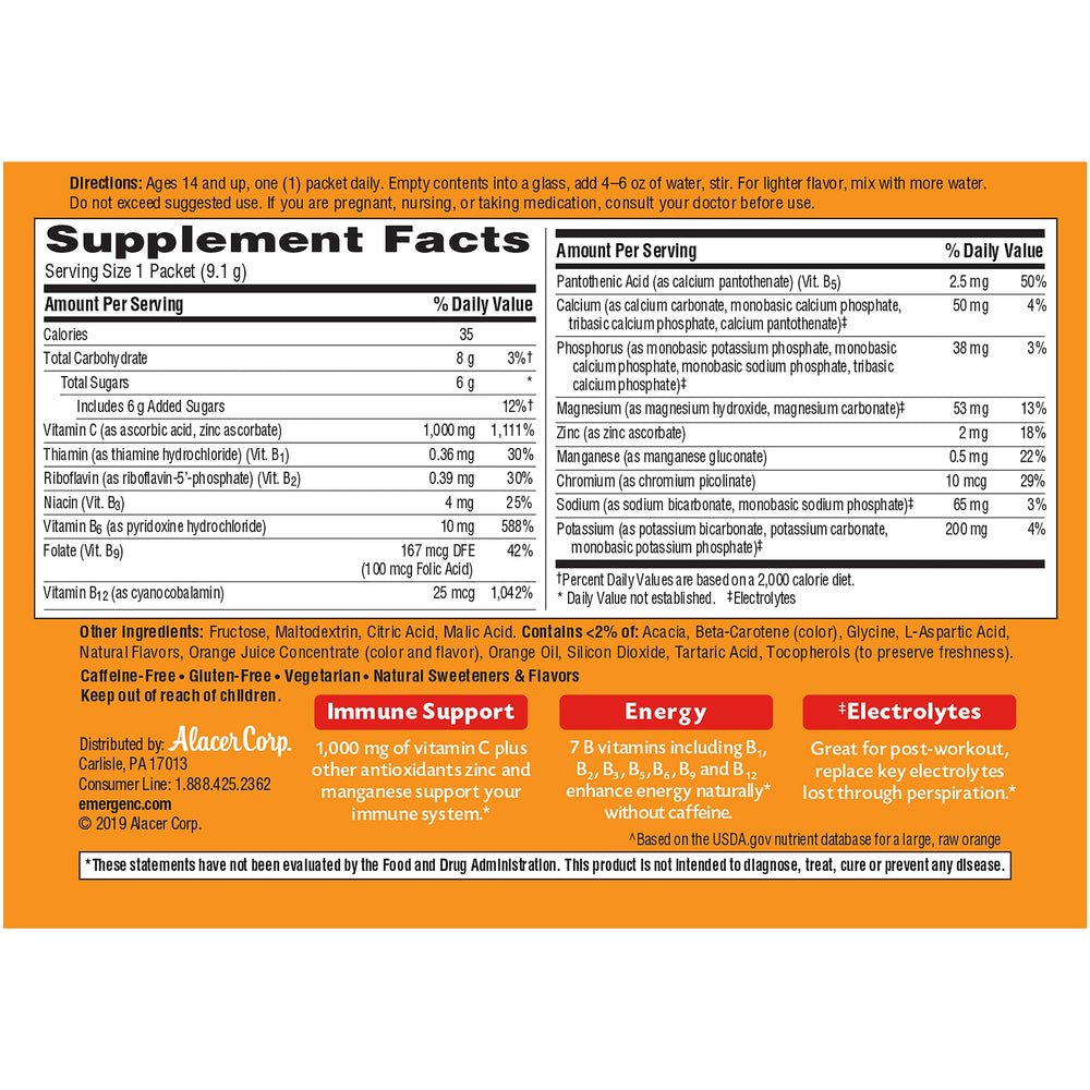 Emergen-C 1000mg Vitamin C Powder for Daily Immune Support Caffeine Free Vitamin C Supplements with Zinc and Manganese, B Vitamins and Electrolytes, Super Orange Flavor - 60 Count/2 Month Supply