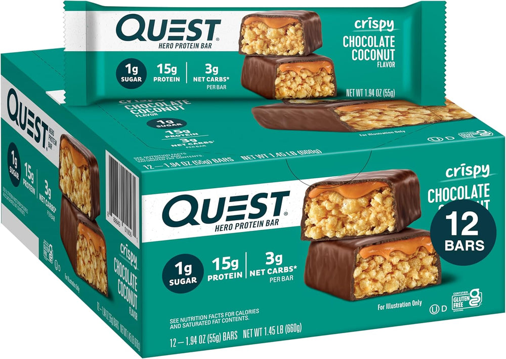 Quest Chocolate Coconut Hero Protein Bar 15g Protein 12 Count and Mini Chocolate Chip Cookie Dough Protein Bars 14 Count