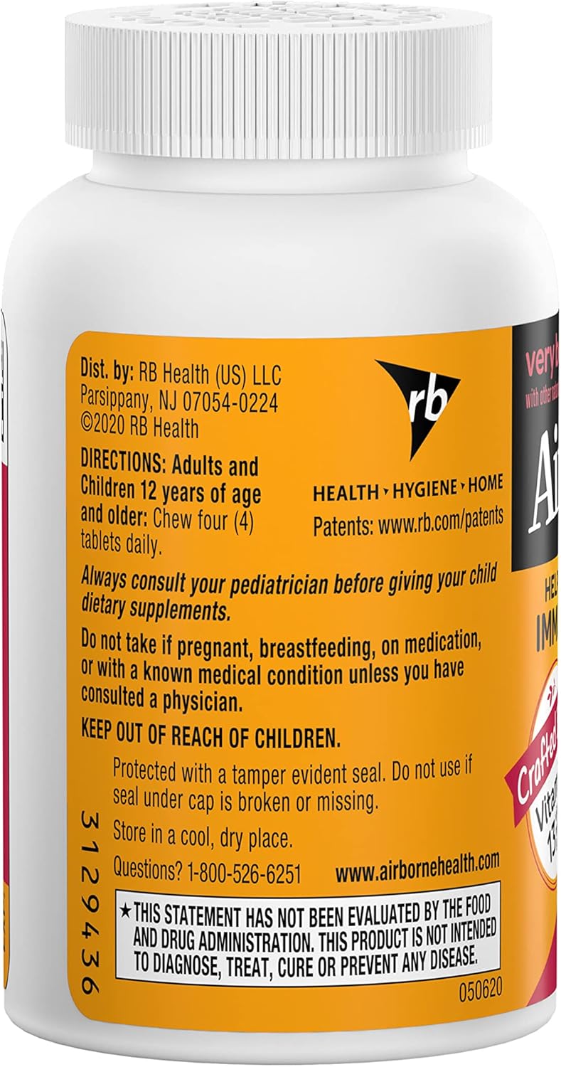 Airborne Vitamin C 1000mg (per Serving) Very Berry Chewable Tablets (32 Count in a Box), Gluten-Free Immune Support Supplement, with Vitamins A C E, ZINC, Selenium, Echinacea & Ginger, Antioxidants