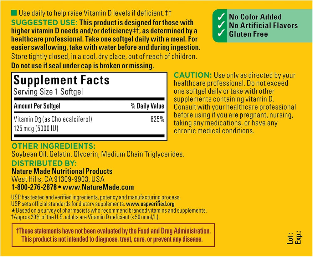 Nature Made Vitamin D3 5000 IU (125 mcg) Softgels, Extra Strength Vitamin D Supplement for Bone and Immune Health Support, 90 Softgels, 90 Day Supply
