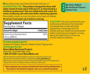Nature Made Vitamin D3 5000 IU (125 mcg) Softgels, Extra Strength Vitamin D Supplement for Bone and Immune Health Support, 90 Softgels, 90 Day Supply