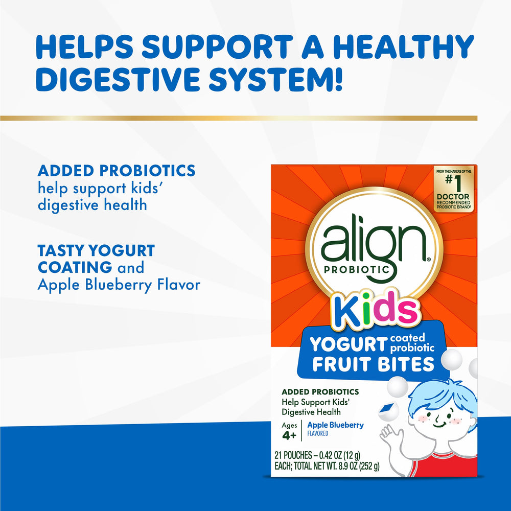 Align Probiotic, Kids Yogurt Coated Probiotic Fruit Bites, Added Probiotics Help Support Kids' Digestive Health, Apple Blueberry Flavored, 21 Individually Wrapped Pouches, 105 Bites