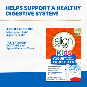 Align Probiotic, Kids Yogurt Coated Probiotic Fruit Bites, Added Probiotics Help Support Kids' Digestive Health, Apple Blueberry Flavored, 21 Individually Wrapped Pouches, 105 Bites