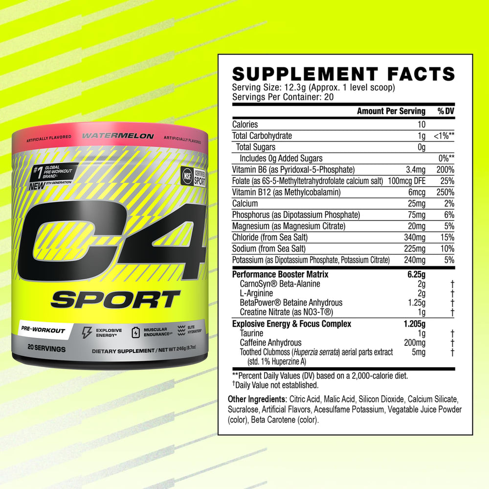 Cellucor C4 Sport Pre Workout Powder - NSF Certified for Sport - Elite Hydration - 200mg Caffeine + Creatine + Beta-Alanine - Electrolytes and Energy Supplement - Watermelon, 20 Servings
