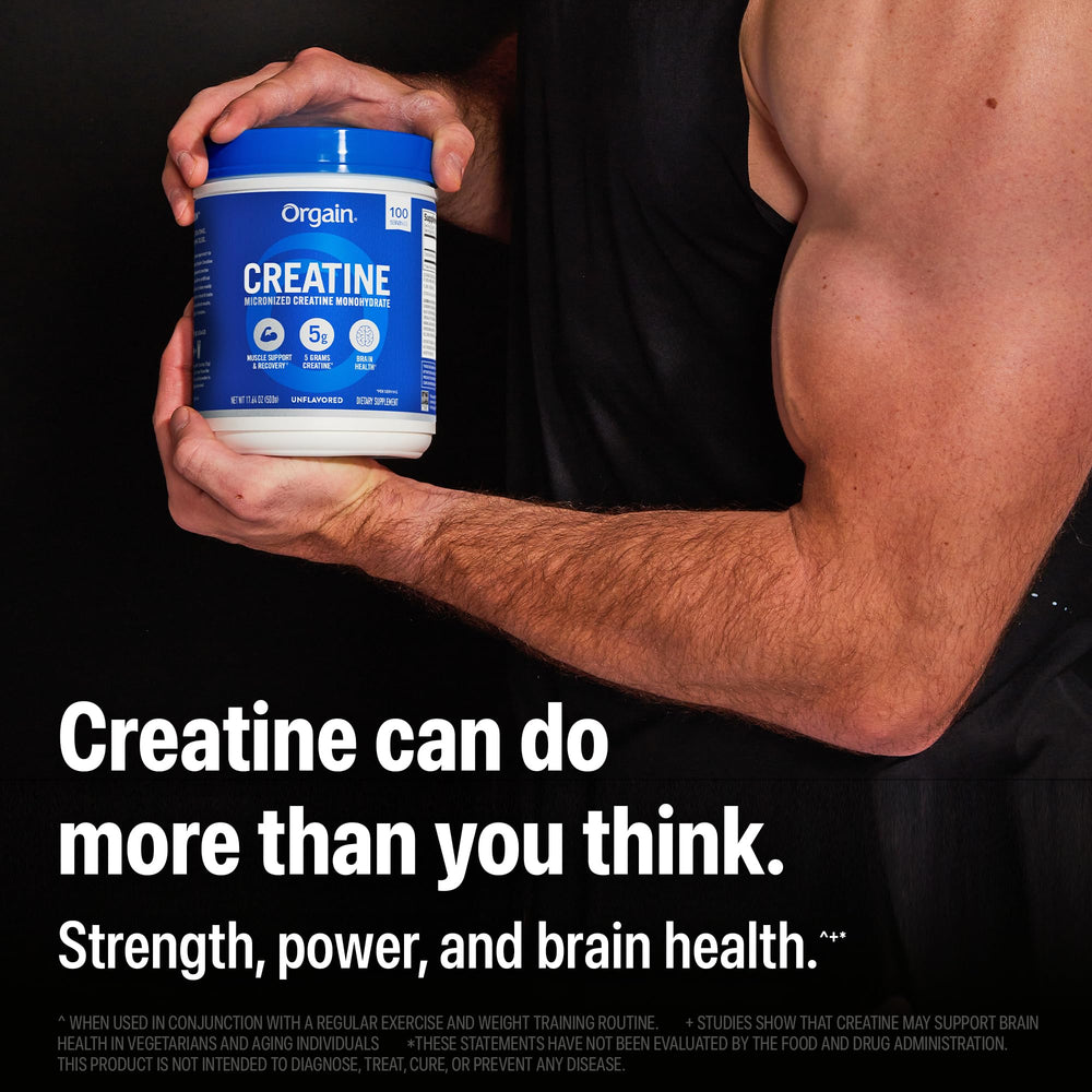 Orgain Creatine Monohydrate Micronized Powder, 100 Servings, Unflavored, Supports Muscle Growth, Post Workout Recovery and Brain Health, No Artificial Additives, for Men & Women, Vegan
