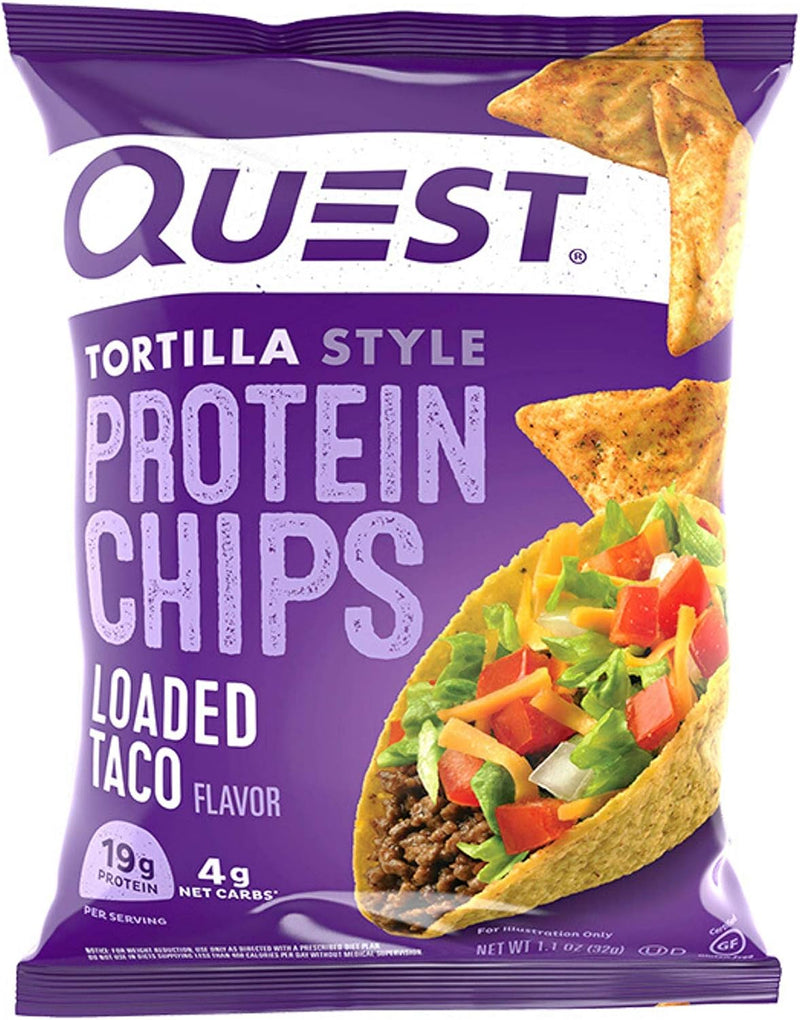 Quest Tortilla Protein Chips, Loaded Taco, Gluten Free, Pack of 12 & Peanut Butter Chocolate Chip Protein Cookies, Keto, Pack of 1 Bundle