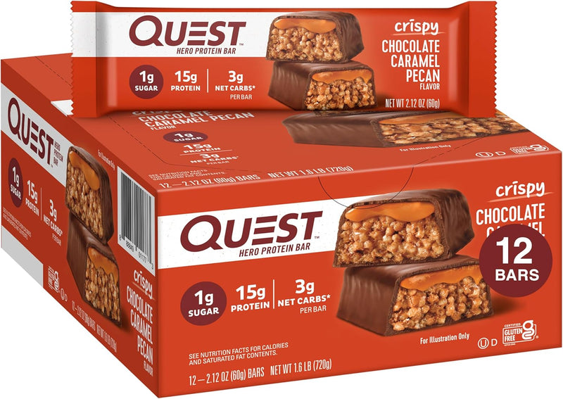 Quest Hero Protein Bars, Crispy Chocolate Caramel Pecan and Chocolate Peanut Butter, 15-18g Protein, 1g Sugar, 12 Count
