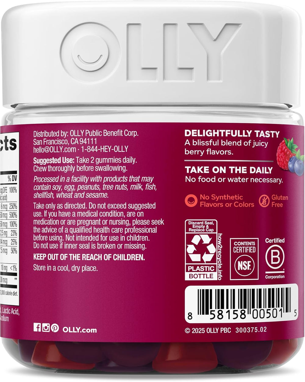 OLLY Women's Daily Multivitamin Gummy, Vitamins A, D, C, E, Biotin, Folic Acid, Adult Chewable Vitamin, Berry Flavor, 65 Day Supply - 130 Count
