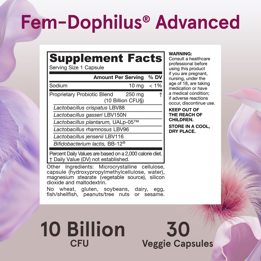 Jarrow Formulas Fem-Dophilus Advanced Probiotics 10 Billion CFU with 6 Science-Backed Strains, for Vaginal, Urinary Tract, Digestive, and Immune Support, 30 Veggie Capsules, Shelf-Stable, Pack of 12