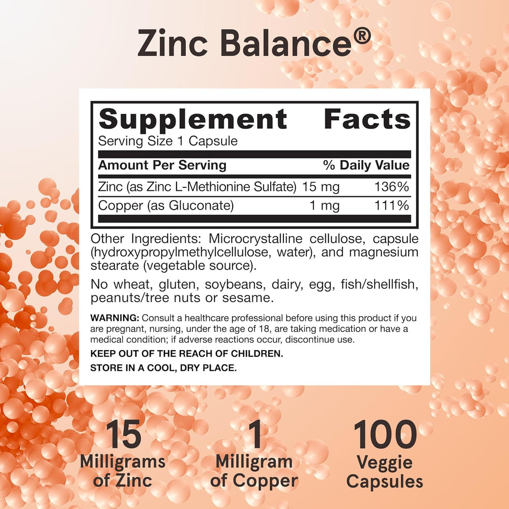 Jarrow Formulas Zinc Balance 15 mg - 100 Servings (Veggie Caps) - Zinc with Copper - Essential Minerals for Immune System Support - Immune Support Supplement - Gluten Free Copper Supplement, Vegan