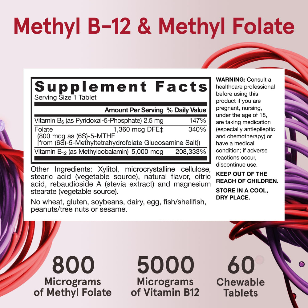 Jarrow Formulas Ultra Strength Methyl B-12 5000 mcg & Methyl Folate 800 mcg + P-5-P, Supplement for Cellular Energy Metabolism and Cardiovascular Support, 60 Chewable Tablets, 60 Day Supply, 12 Packs