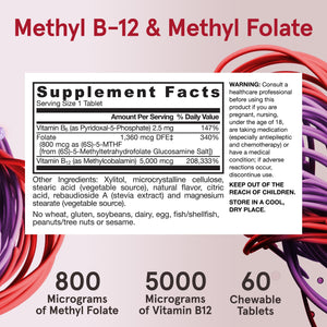 Jarrow Formulas Ultra Strength Methyl B-12 5000 mcg & Methyl Folate 800 mcg + P-5-P, Supplement for Cellular Energy Metabolism and Cardiovascular Support, 60 Chewable Tablets, 60 Day Supply, 12 Packs