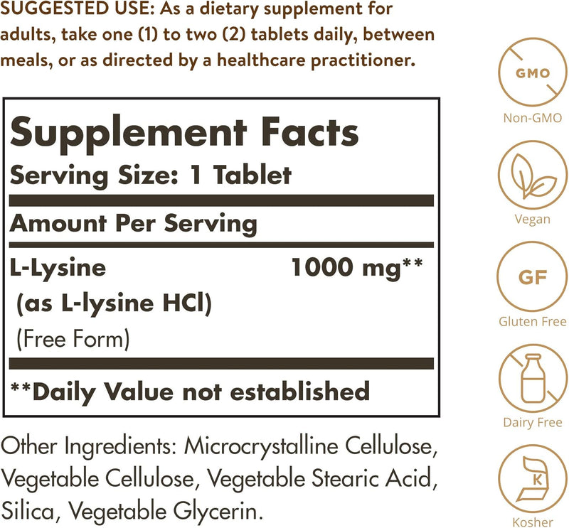 Solgar L-Lysine 1000 mg, 100 Tablets - Enhanced Absorption and Assimilation - Promotes Integrity of Skin and Lips - Collagen Support - Amino Acids - Non GMO, Vegan, Gluten Free - 100 Servings