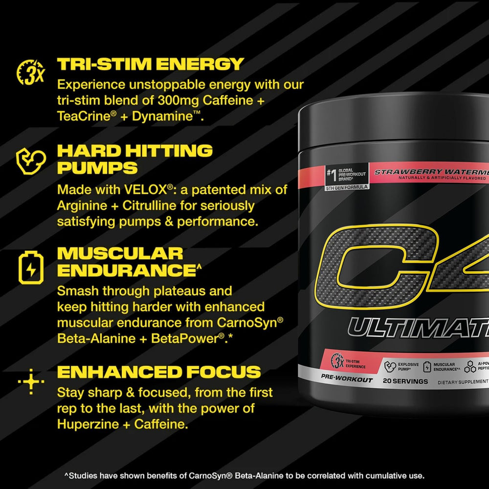 Cellucor C4 Ultimate Pre Workout Powder Strawberry Watermelon - Sugar Free Preworkout Energy Supplement for Men & Women - 300mg Caffeine + 3.2g Beta Alanine + 2 Patented Creatines - 20 Servings