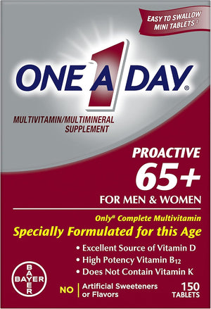 One A Day Proactive 65+, Mens & Womens Multivitamin, Supplement with Vitamin A, C, D, and Zinc to Support Bone Health & Cell Health, Calcium, Folic Acid, Tablet 150 Count